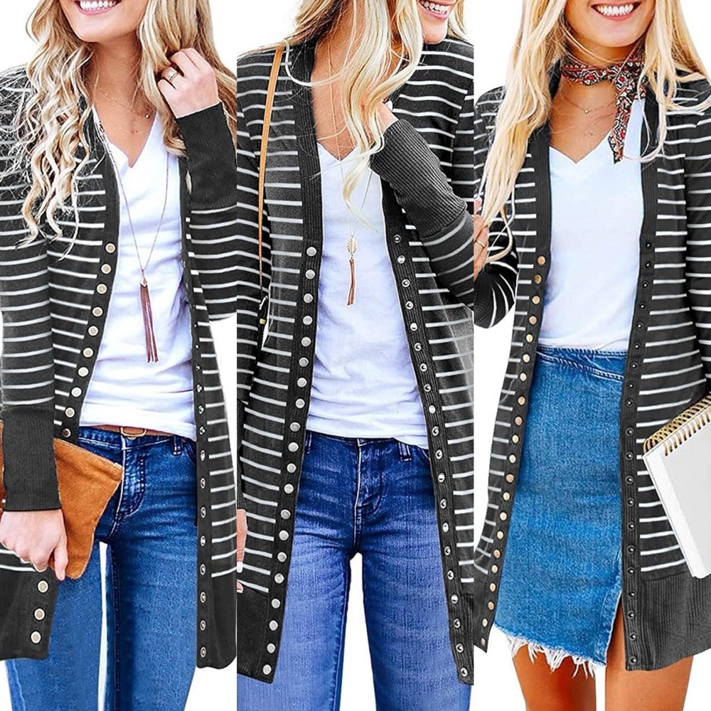 Women's Casual Cardigan with Stripes, Charcoal - size 2XL